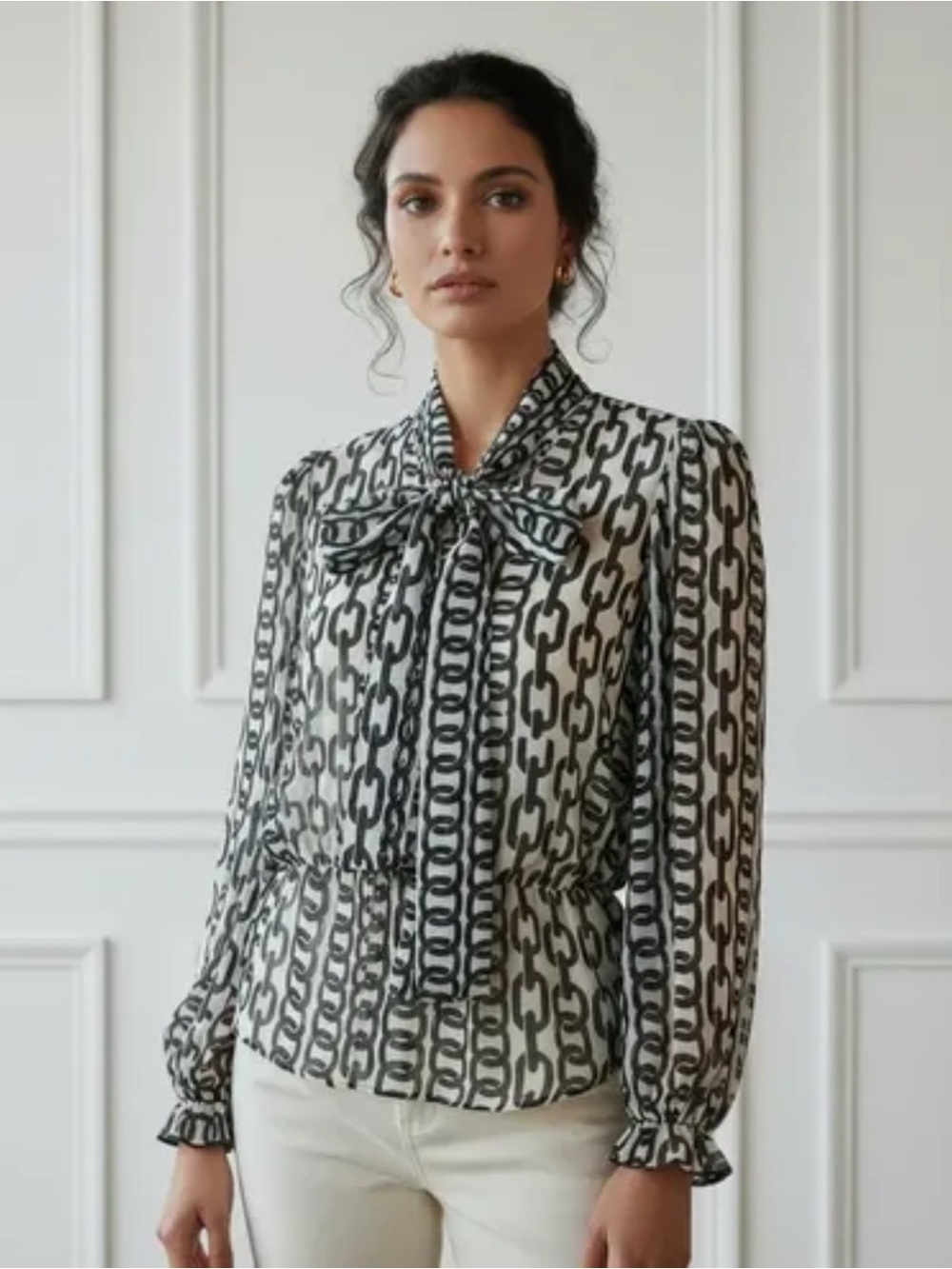 Zara Chain Chiffon Sheer Lightweight Pussybow Tid Blouse with button Closure